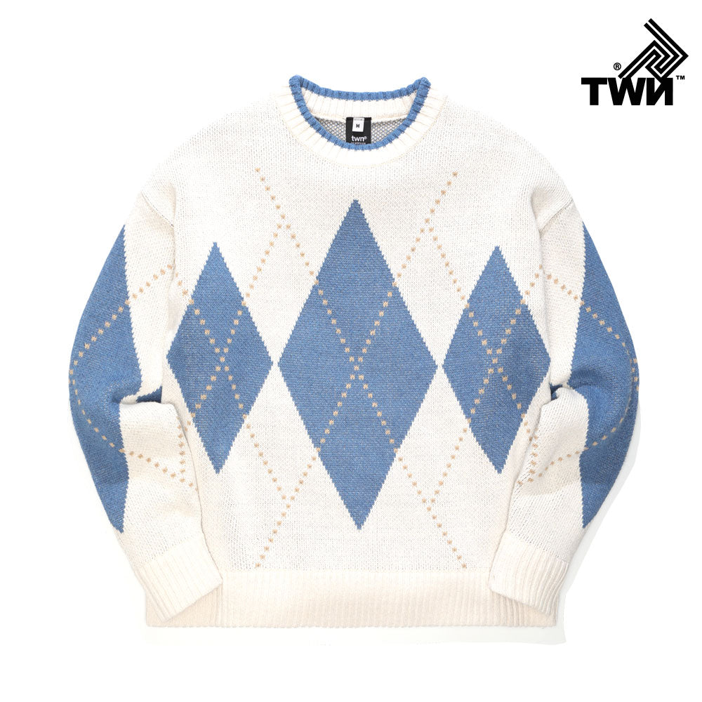ティーダブリューエヌ(TWN) LOOSE FILL ARGYLE KNIT (4color) JEKN3230