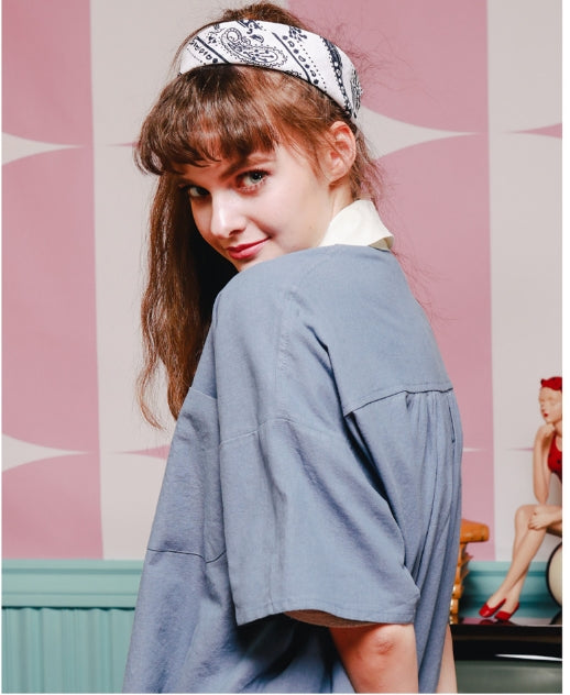 ダブルユーブイプロジェクト(WV PROJECT) SHIRRING BIG SHORT SLEEVE SHIRTS BLUE GRAY SWSS7278