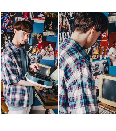 ダブルユーブイプロジェクト(WV PROJECT) NEWBIE BASIC CHECK SHORT SHIRTS Violet Mint JJSS7272