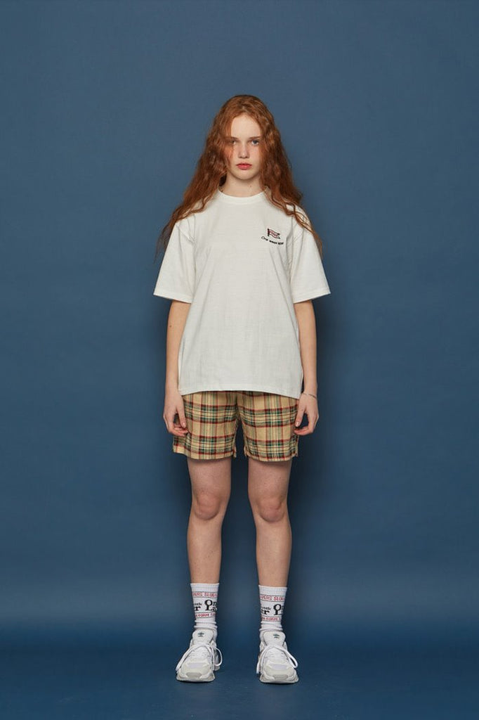 スローアシッド(SLOW ACID) Pocket Lettering Check Half Pants (BEIGE)