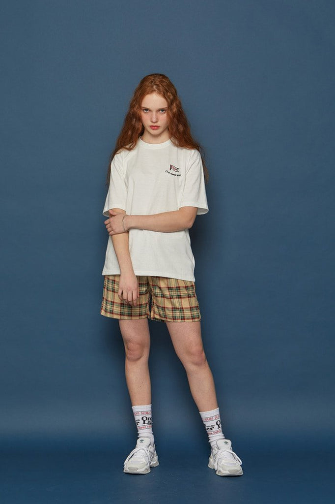 スローアシッド(SLOW ACID) Pocket Lettering Check Half Pants (BEIGE)