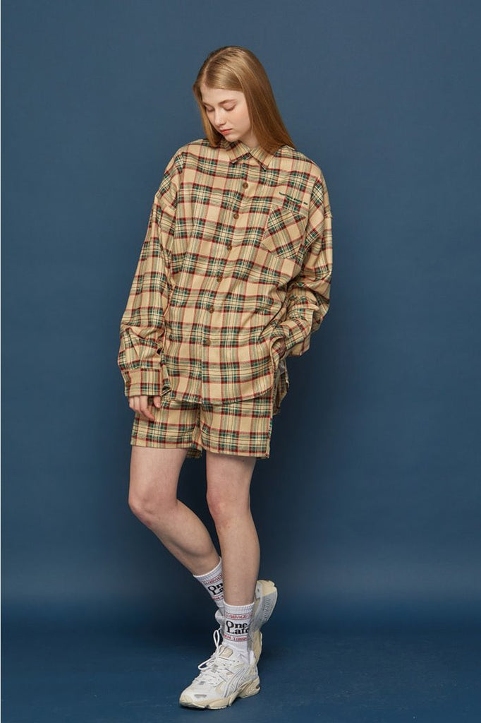 スローアシッド(SLOW ACID) Pocket Lettering Check Half Pants (BEIGE)