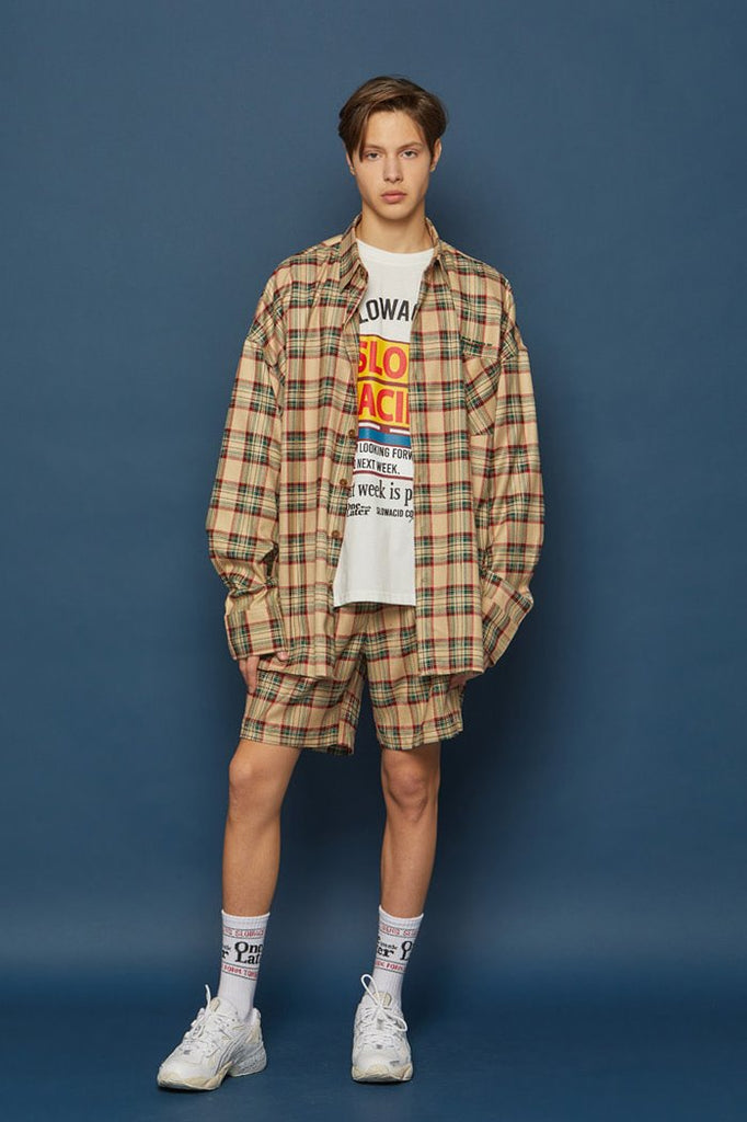 スローアシッド(SLOW ACID) Pocket Lettering Check Half Pants (BEIGE)