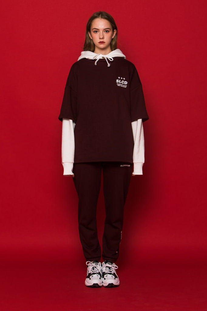 スローアシッド(SLOW ACID) Half-Layered Hoodie (BURGUNDY)