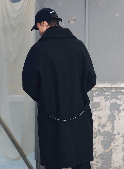 メスノウン(MASSNOUN) DOUBLE OVERSIZED SUBJECT BELT WOOL COAT MFECT003-BK