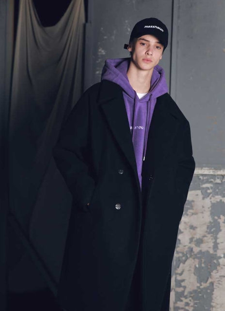 メスノウン(MASSNOUN) DOUBLE OVERSIZED SUBJECT BELT WOOL COAT MFECT003-BK