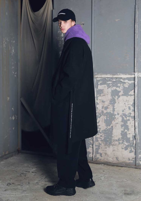 メスノウン(MASSNOUN) DOUBLE OVERSIZED SUBJECT BELT WOOL COAT MFECT003-BK