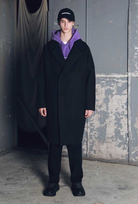 メスノウン(MASSNOUN) DOUBLE OVERSIZED SUBJECT BELT WOOL COAT MFECT003-BK