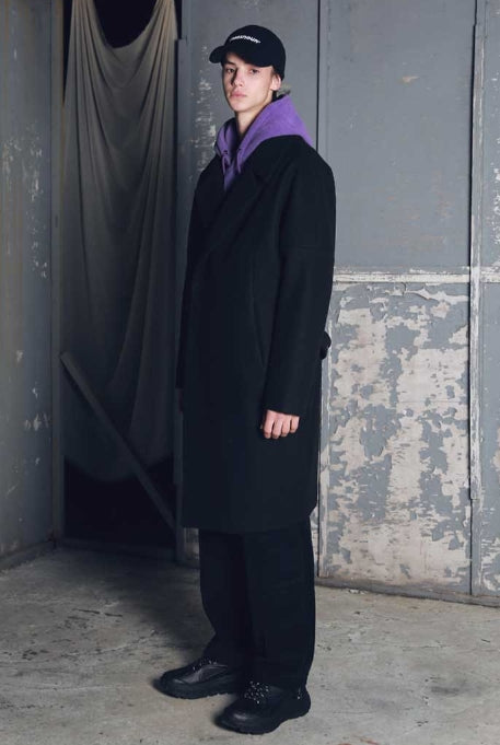 メスノウン(MASSNOUN) DOUBLE OVERSIZED SUBJECT BELT WOOL COAT MFECT003-BK