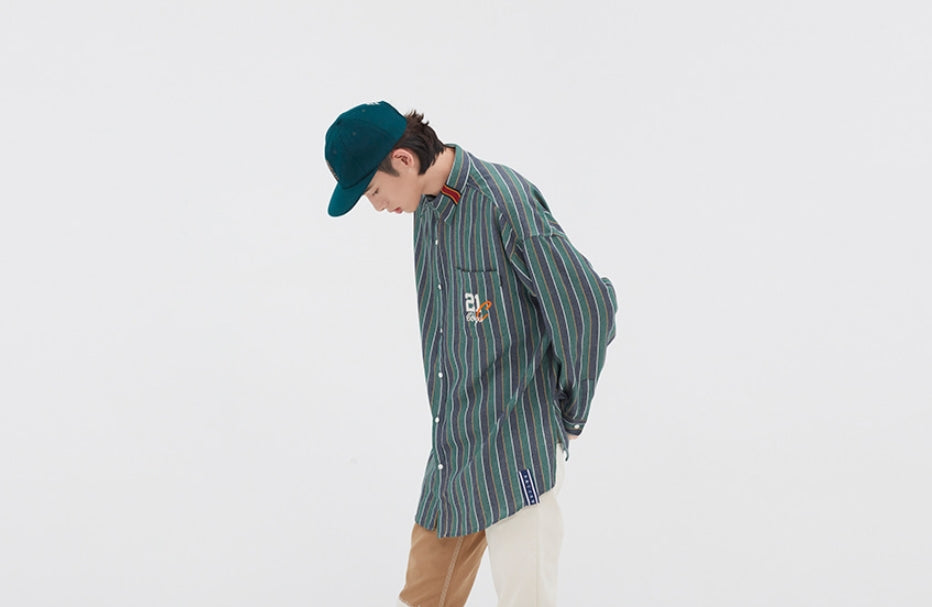 ロマンティッククラウン(ROMANTIC CROWN) 90S STRIPED SHIRT_GREEN