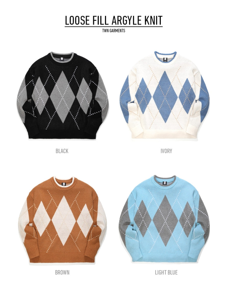 ティーダブリューエヌ(TWN) LOOSE FILL ARGYLE KNIT (4color) JEKN3230