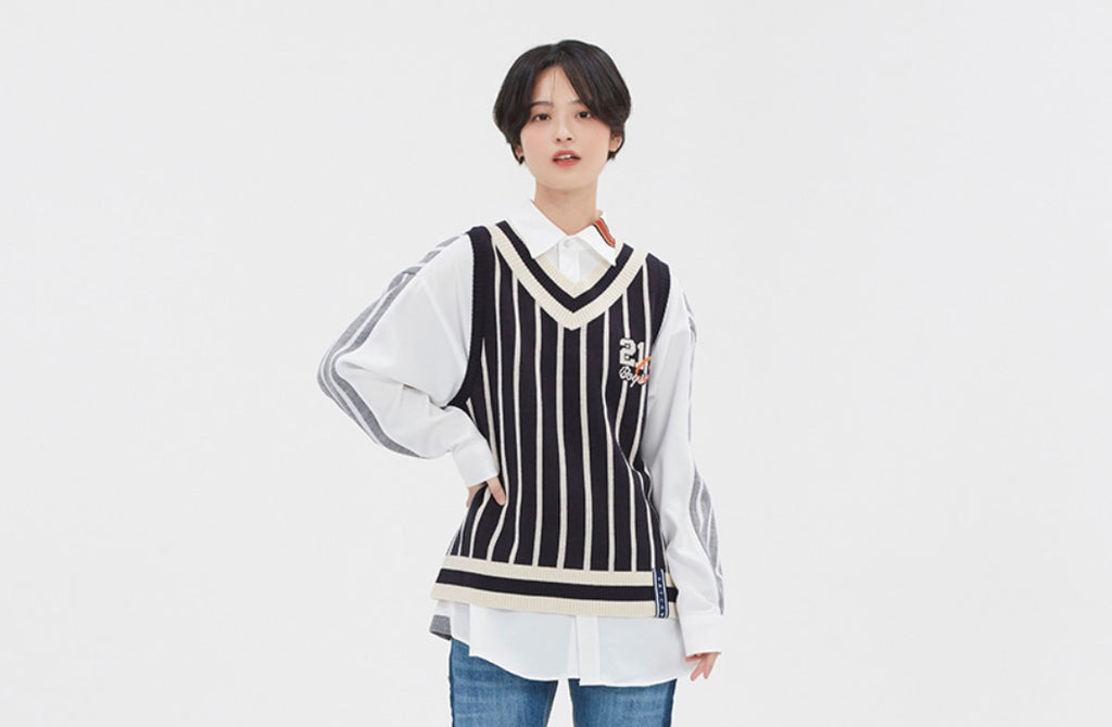 ロマンティッククラウン(ROMANTIC CROWN) V NECK STRIPE VEST_NAVY