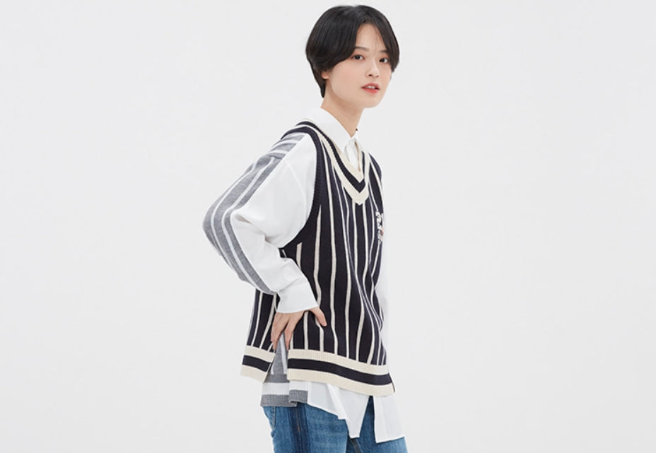 ロマンティッククラウン(ROMANTIC CROWN) V NECK STRIPE VEST_NAVY
