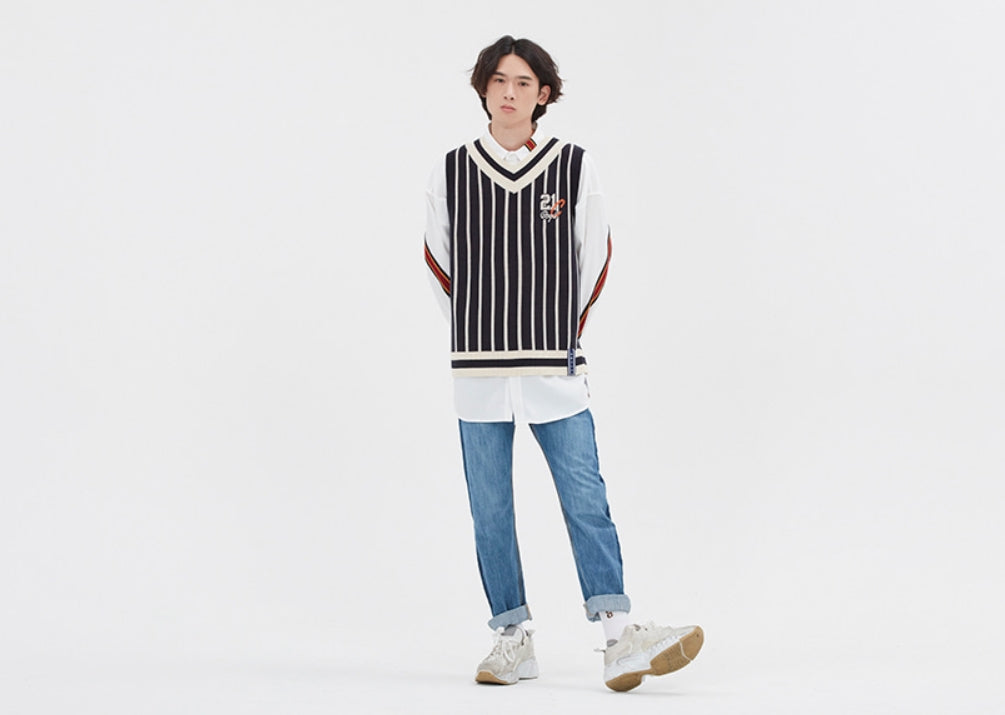 ロマンティッククラウン(ROMANTIC CROWN) V NECK STRIPE VEST_NAVY