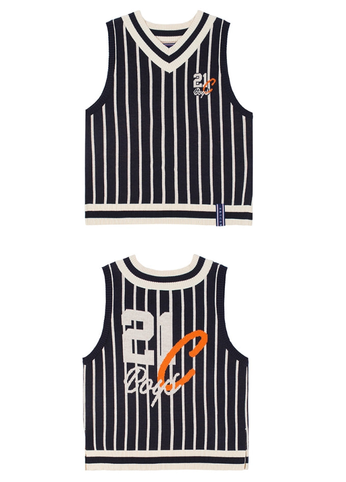 ロマンティッククラウン(ROMANTIC CROWN) V NECK STRIPE VEST_NAVY