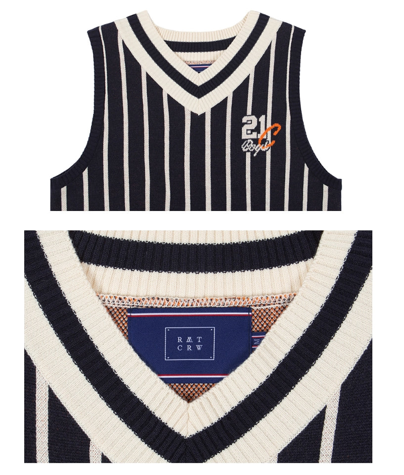 ロマンティッククラウン(ROMANTIC CROWN) V NECK STRIPE VEST_NAVY