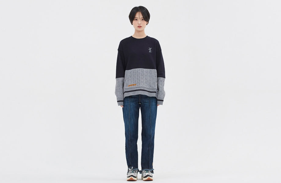 ロマンティッククラウン(ROMANTIC CROWN) MIX FABRIC SWEATSHIRT_NAVY