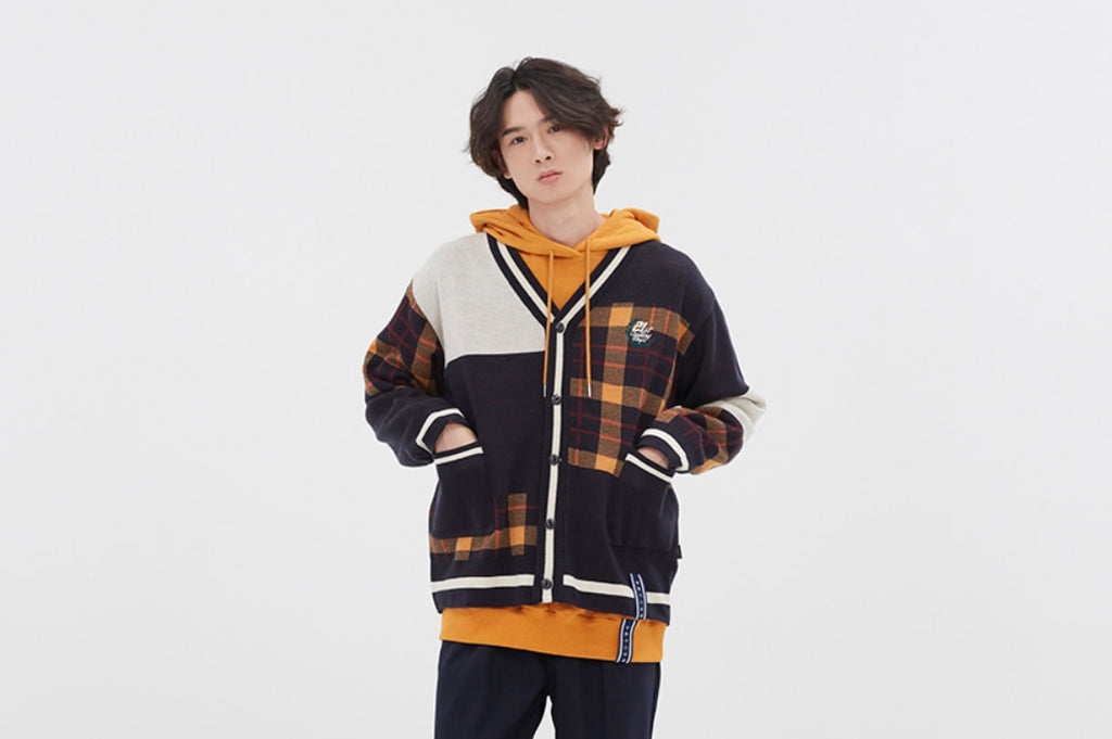 ロマンティッククラウン(ROMANTIC CROWN)SQUARE CHECK KNIT CARDIGAN_NAVY