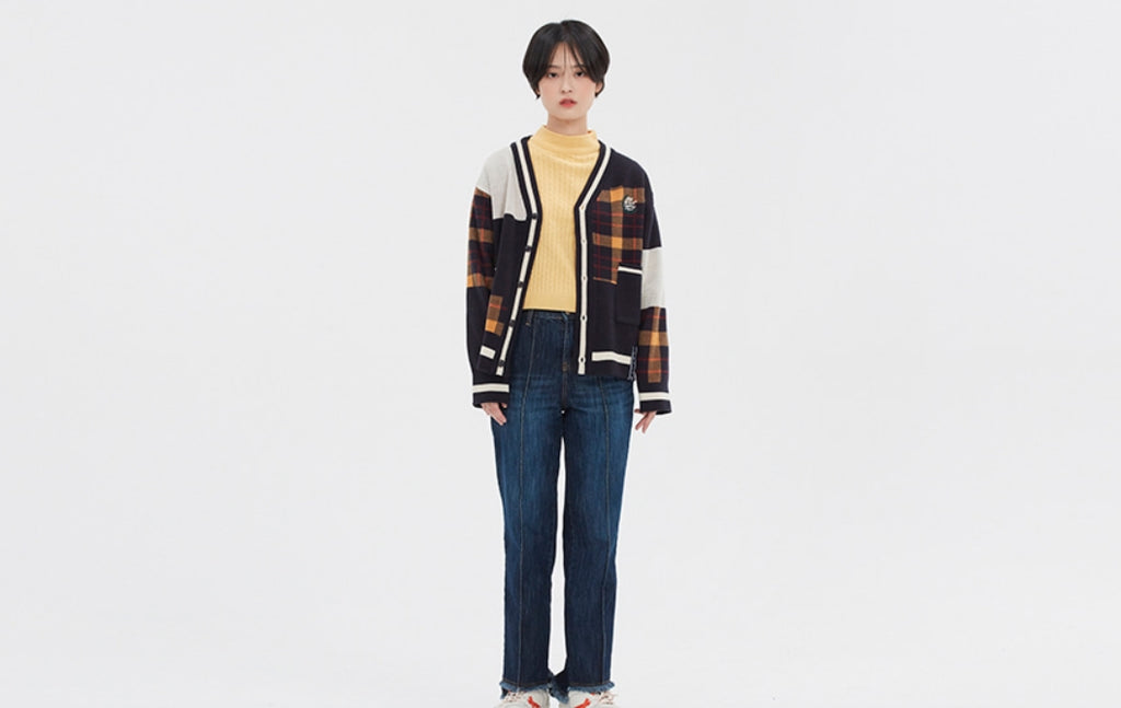 ロマンティッククラウン(ROMANTIC CROWN)SQUARE CHECK KNIT CARDIGAN_NAVY