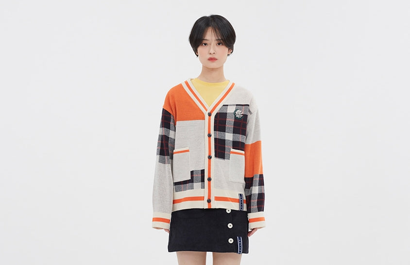 ロマンティッククラウン(ROMANTIC CROWN)SQUARE CHECK KNIT CARDIGAN_ORANGE