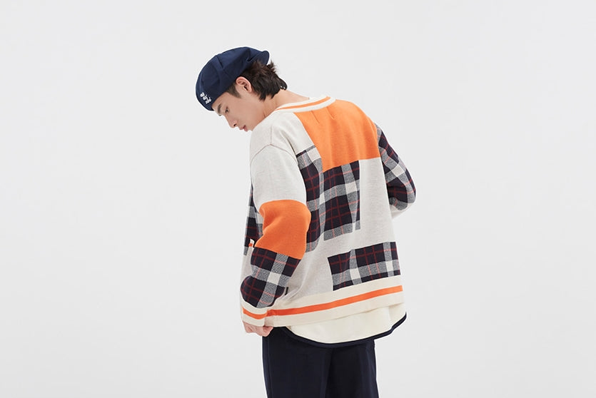 ロマンティッククラウン(ROMANTIC CROWN)SQUARE CHECK KNIT CARDIGAN_ORANGE