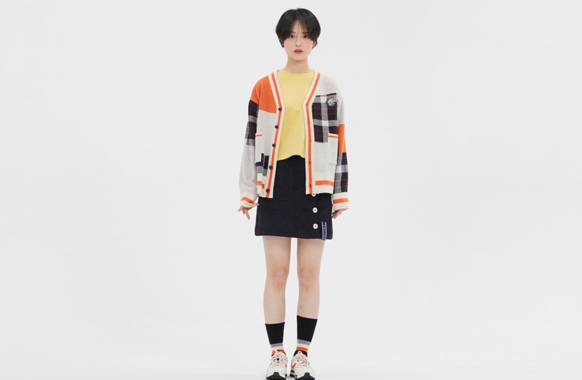 ロマンティッククラウン(ROMANTIC CROWN)SQUARE CHECK KNIT CARDIGAN_ORANGE