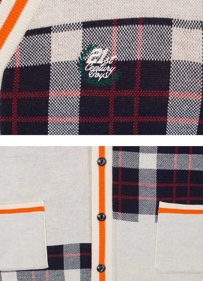ロマンティッククラウン(ROMANTIC CROWN)SQUARE CHECK KNIT CARDIGAN_ORANGE
