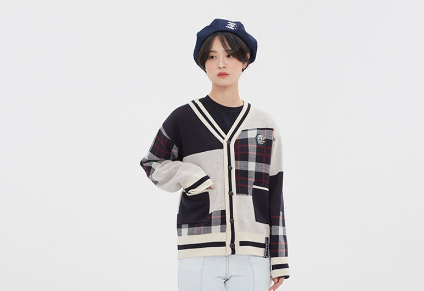 ロマンティッククラウン(ROMANTIC CROWN)SQUARE CHECK KNIT CARDIGAN_OATMEAL