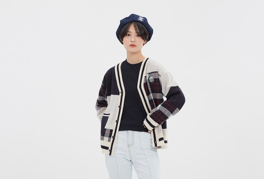 ロマンティッククラウン(ROMANTIC CROWN)SQUARE CHECK KNIT CARDIGAN_OATMEAL
