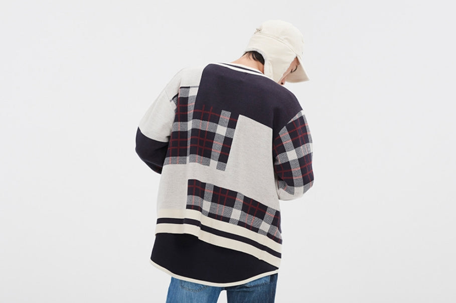 ロマンティッククラウン(ROMANTIC CROWN)SQUARE CHECK KNIT CARDIGAN_OATMEAL