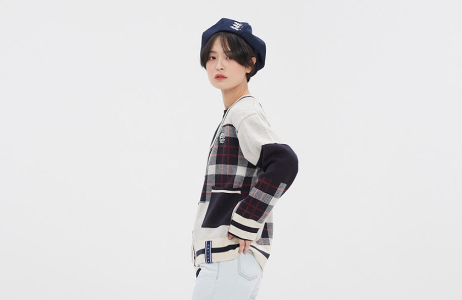 ロマンティッククラウン(ROMANTIC CROWN)SQUARE CHECK KNIT CARDIGAN_OATMEAL