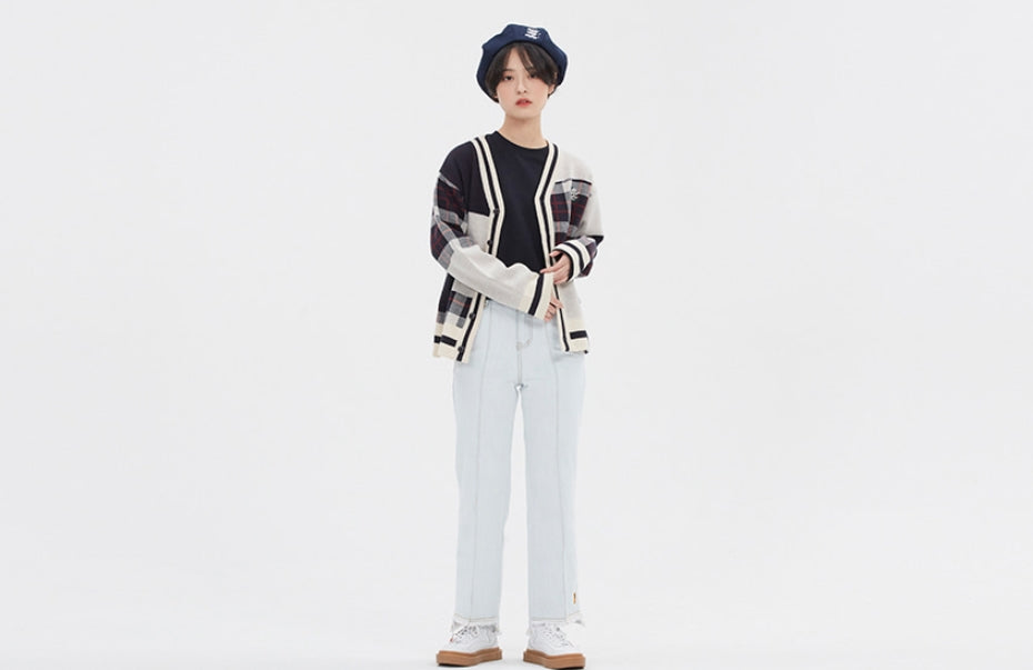 ロマンティッククラウン(ROMANTIC CROWN)SQUARE CHECK KNIT CARDIGAN_OATMEAL