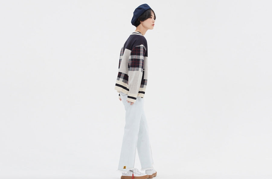 ロマンティッククラウン(ROMANTIC CROWN)SQUARE CHECK KNIT CARDIGAN_OATMEAL