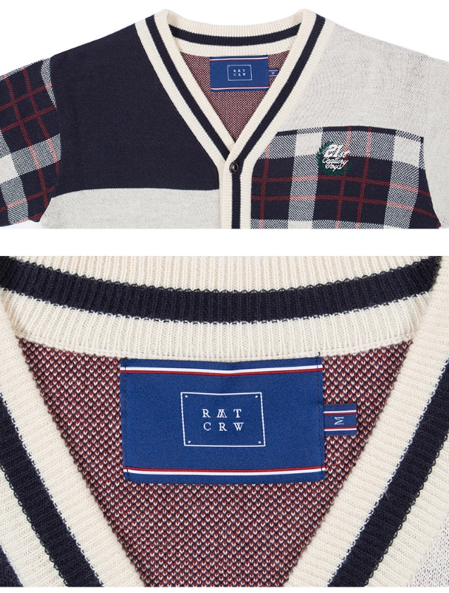 ロマンティッククラウン(ROMANTIC CROWN)SQUARE CHECK KNIT CARDIGAN_OATMEAL