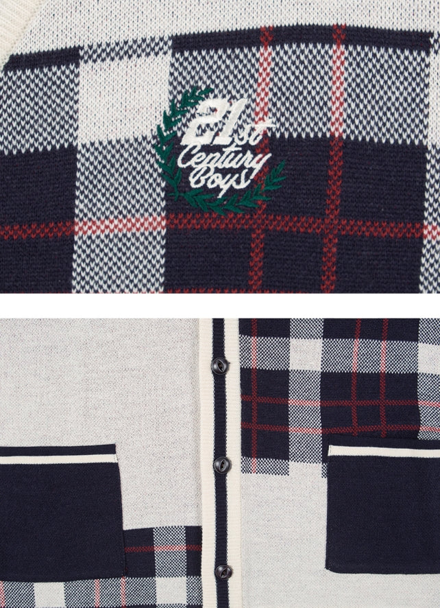 ロマンティッククラウン(ROMANTIC CROWN)SQUARE CHECK KNIT CARDIGAN_OATMEAL