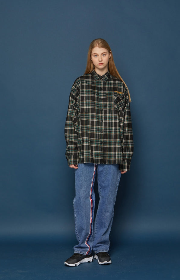 スローアシッド(SLOW ACID) Pocket Lettering Check Shirt (BLACK)