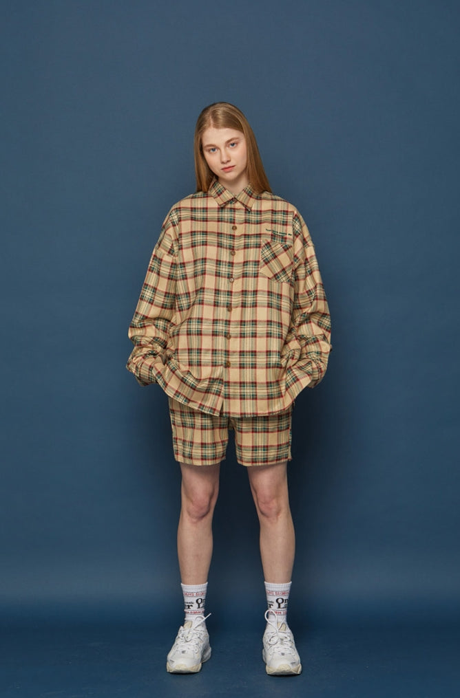 スローアシッド(SLOW ACID)  Pocket Lettering Check Shirt (BEIGE)