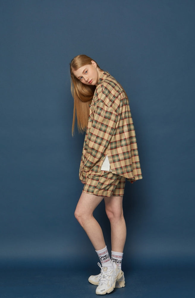 スローアシッド(SLOW ACID)  Pocket Lettering Check Shirt (BEIGE)