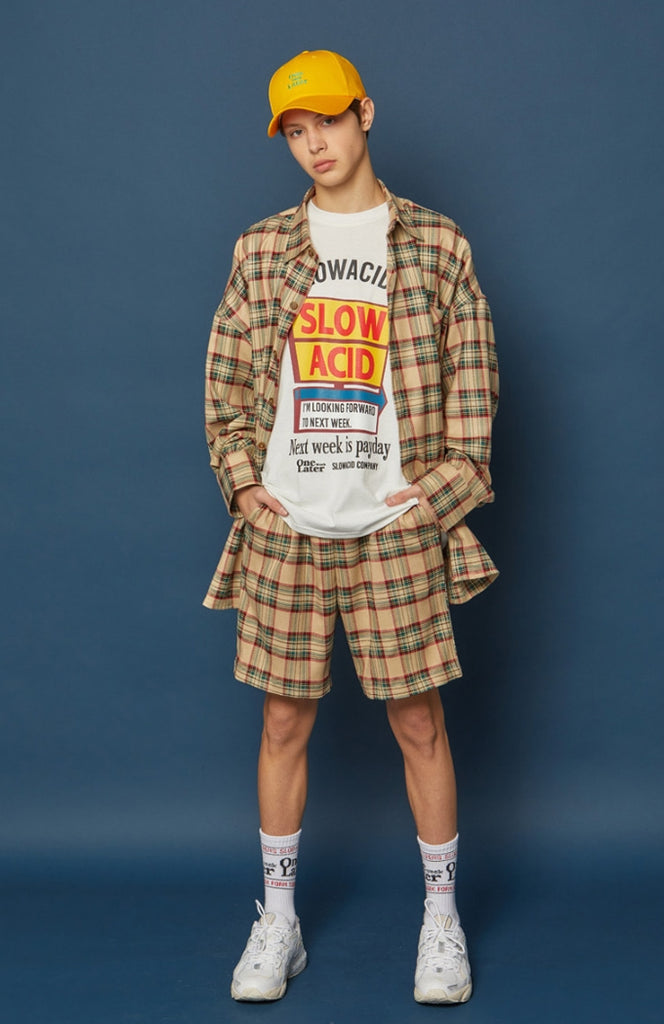 スローアシッド(SLOW ACID)  Pocket Lettering Check Shirt (BEIGE)