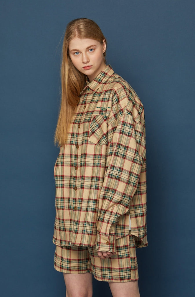 スローアシッド(SLOW ACID)  Pocket Lettering Check Shirt (BEIGE)