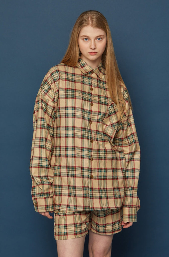 スローアシッド(SLOW ACID)  Pocket Lettering Check Shirt (BEIGE)