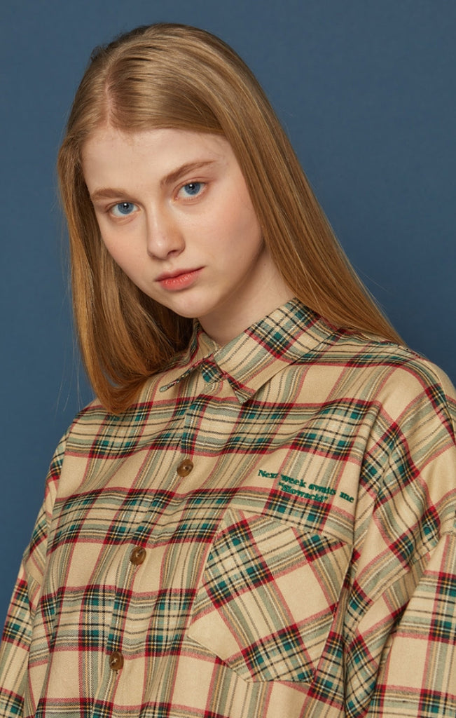 スローアシッド(SLOW ACID)  Pocket Lettering Check Shirt (BEIGE)