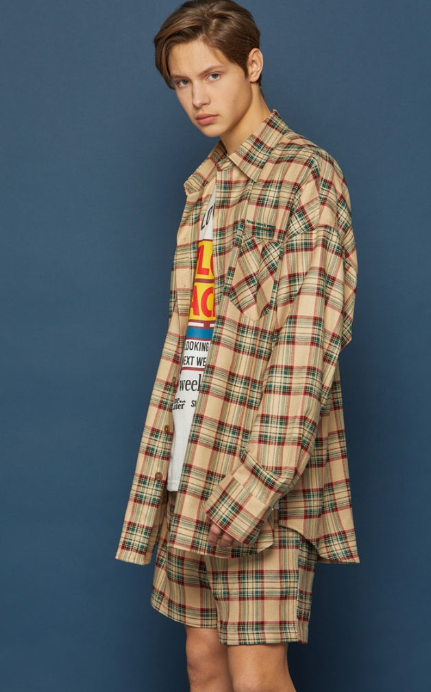 スローアシッド(SLOW ACID)  Pocket Lettering Check Shirt (BEIGE)
