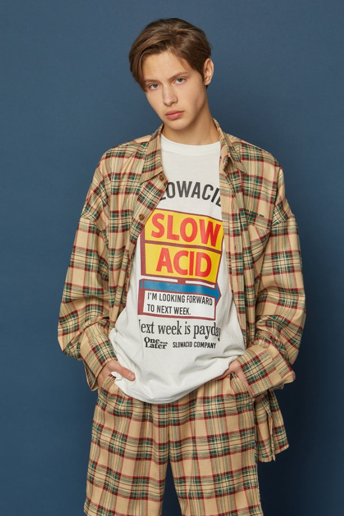 スローアシッド(SLOW ACID)  Pocket Lettering Check Shirt (BEIGE)