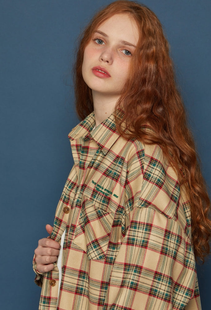 スローアシッド(SLOW ACID)  Pocket Lettering Check Shirt (BEIGE)
