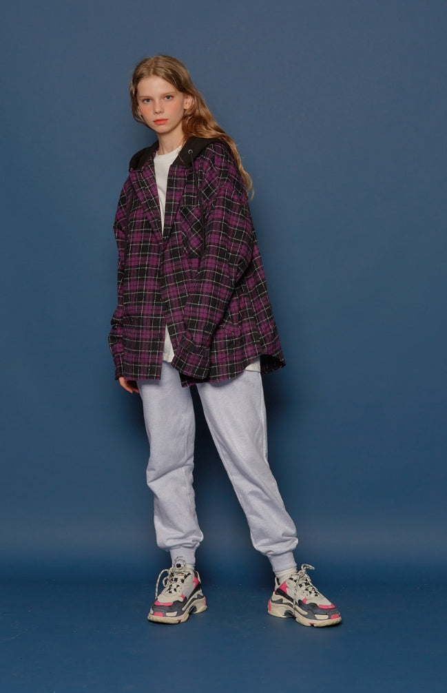 スローアシッド(SLOW ACID) Hood Check Shirt (VIOLET)