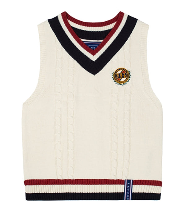 ロマンティッククラウン(ROMANTIC CROWN)V NECK CABLE KNIT VEST_OATMEAL