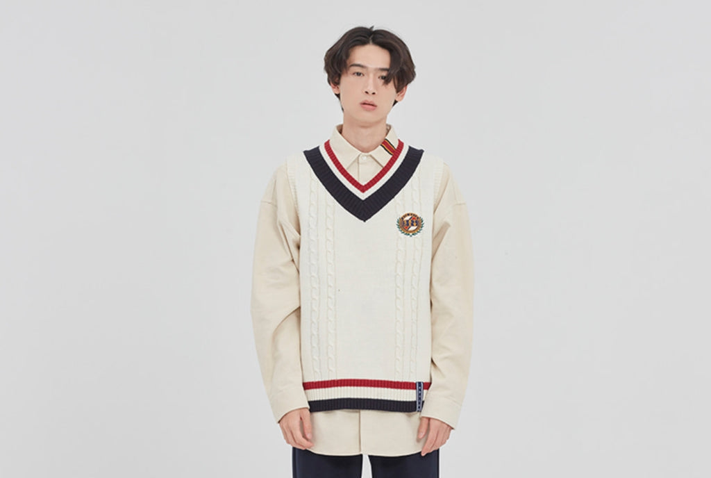 ロマンティッククラウン(ROMANTIC CROWN)V NECK CABLE KNIT VEST_OATMEAL