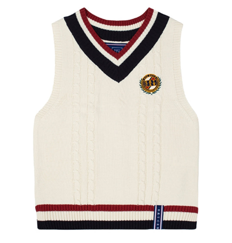 ロマンティッククラウン(ROMANTIC CROWN)V NECK CABLE KNIT VEST_OATMEAL