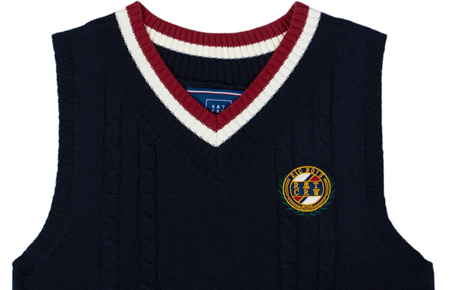 ロマンティッククラウン(ROMANTIC CROWN)V NECK CABLE KNIT VEST_NAVY